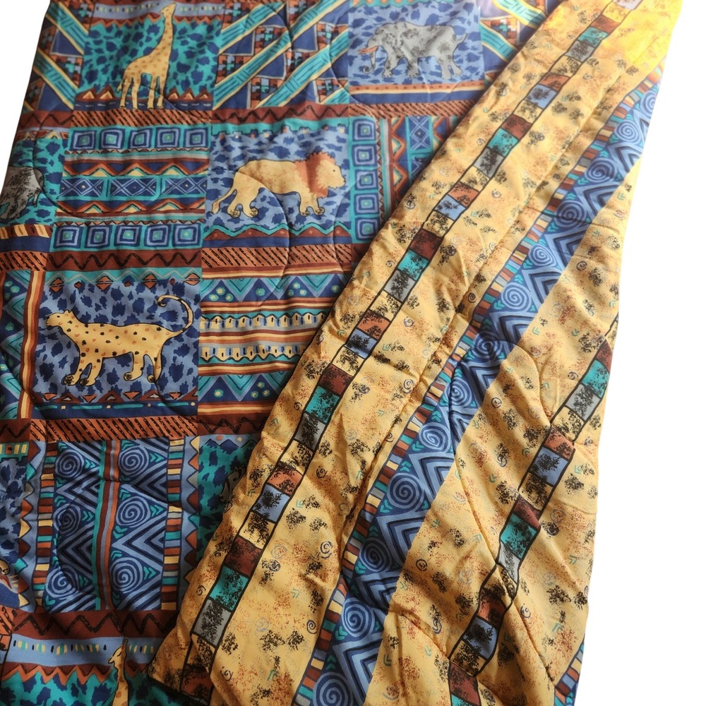 Vintage Safari Animal Patchwork Twin Comforter BlueTan Tribal Lion Zebra Giraffe